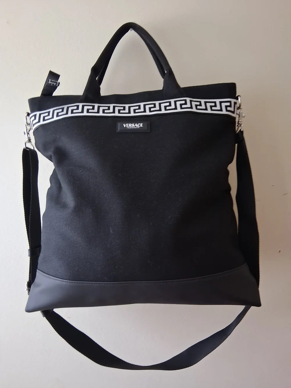 Versace Black Canvas Tote - Greek Key Accent